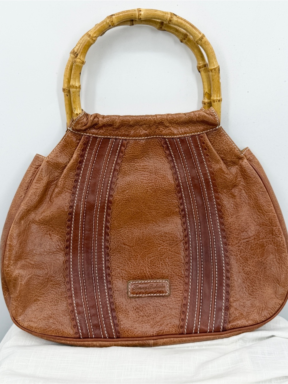Tommy Bahama Brown Leather Bamboo Handle Bag Purse Tropical Vacation Beach